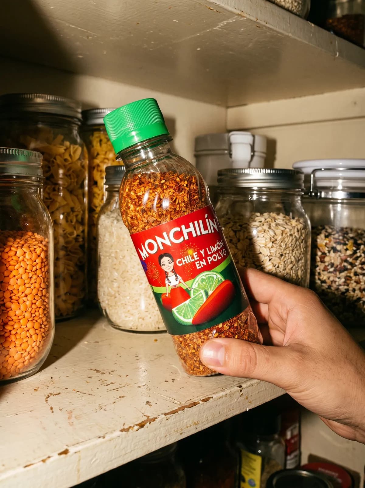 Mano tomando una botella de Monchilín chile y limón en polvo de una alacena