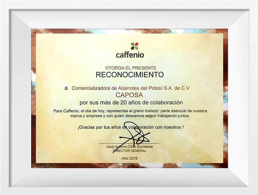 Reconocimiento de Caffenio a CAPOSA por más de 20 años de colaboración, 2015