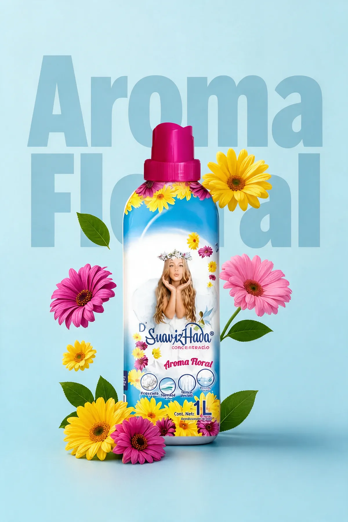 Botella de suavizante concentrado D' SuavizHada Aroma Floral rodeada de flores